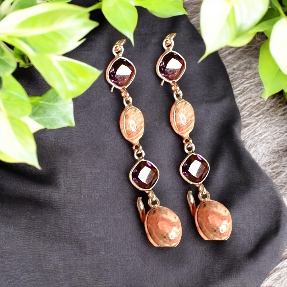 Handmade Amethyst and Rhodochrosite Dangle Earrings S925 Sterling Silver - Picture 3 of 10